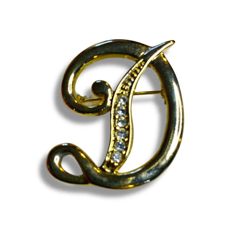 Vintage Goldtone "D" Initial Script Brooch Rhinestones 1.5"